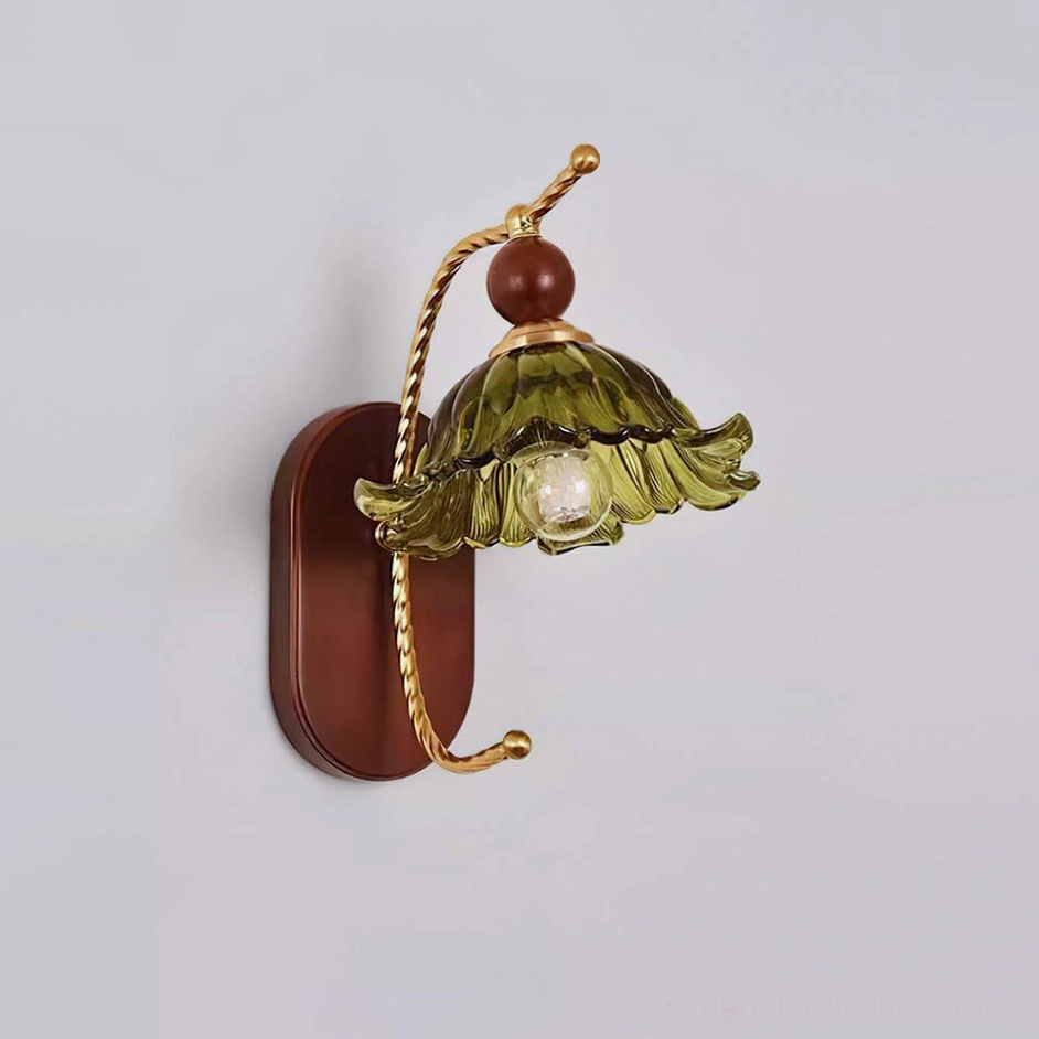 Calyx model B wall lamp with green lampshade and gold walnut color brass metal construction