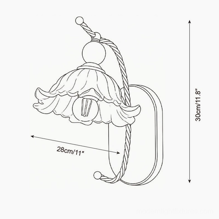 Calyx model B ruffled flower wall lamp technical schematic 28cm wide by 30cm tall measurements