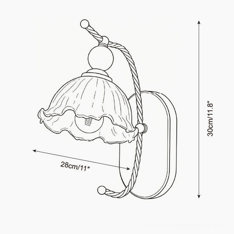 Calyx model C ruffled flower wall sconce technical line drawing 28cm wide by 30cm tall specifications