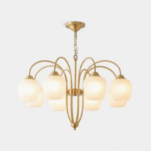 Calyx Petiole brass chandelier with frosted glass shades, front product view on white background
