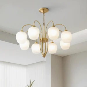 Calyx Petiole multi-head chandelier upward angle view showing brass arms and diffused lighting