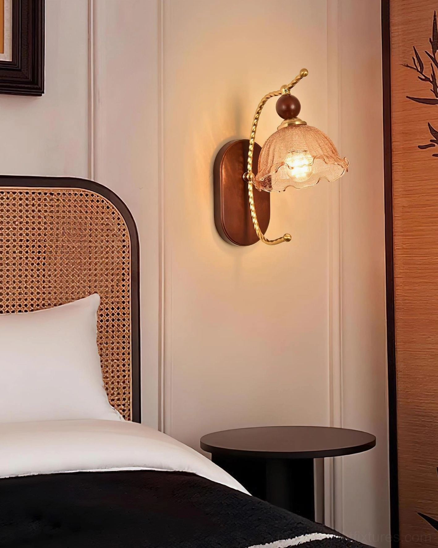 Calyx wall sconce with walnut color wood base and gold brass accents vintage design aesthetic