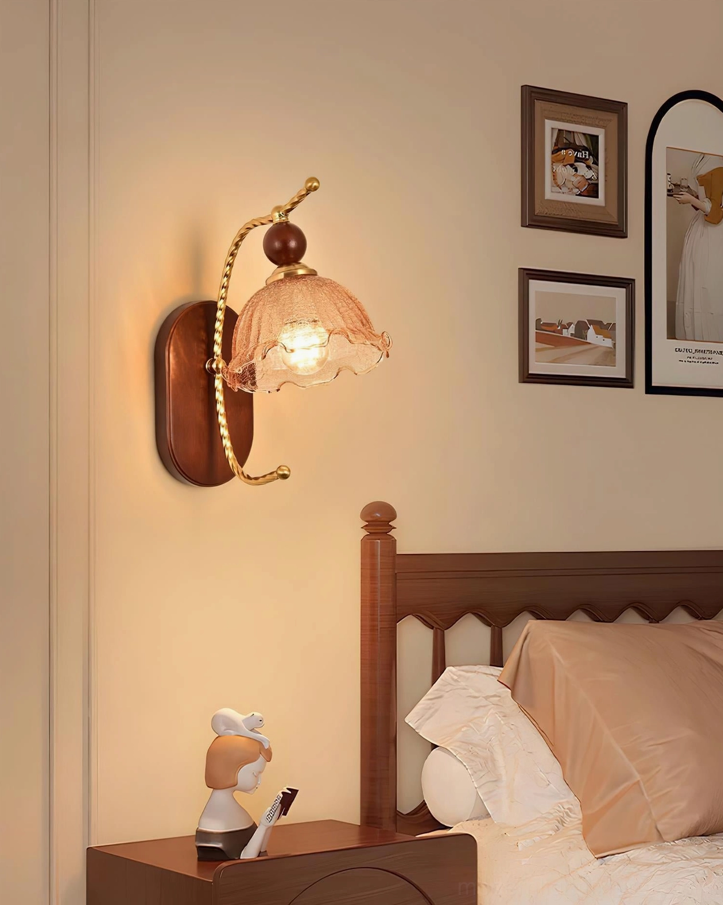 Calyx vintage wall sconce installed in master bedroom with peach ruffled glass shade creating warm ambient lighting