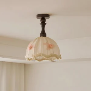 Camélia fabric ceiling light in beige with walnut canopy installed in hallway - overhead view of semi-flush fixture