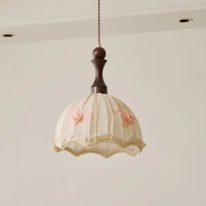 Camélia vintage pendant lamp hanging in white interior space, showing scalloped fabric detail