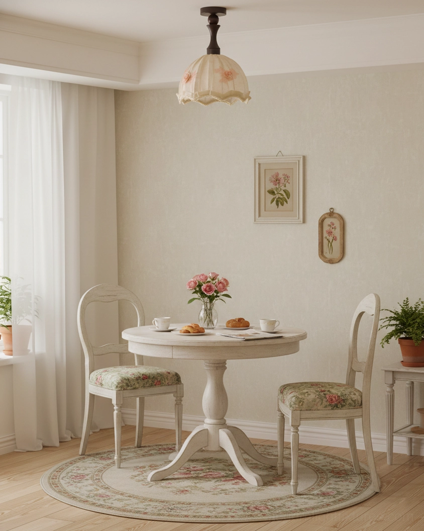 Camélia vintage ceiling lamp mounted above French country dining nook with pleated linen shade and floral details