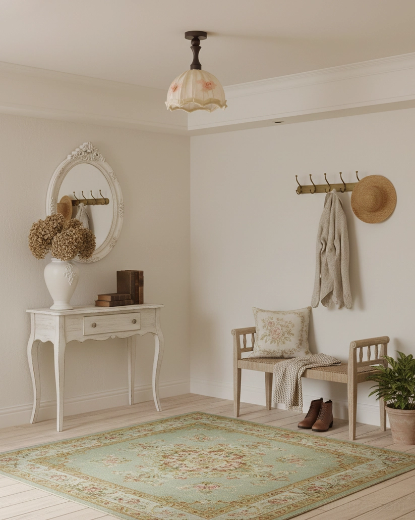 Camélia vintage-inspired semi-flush ceiling lamp above French country entryway vanity with wooden furniture