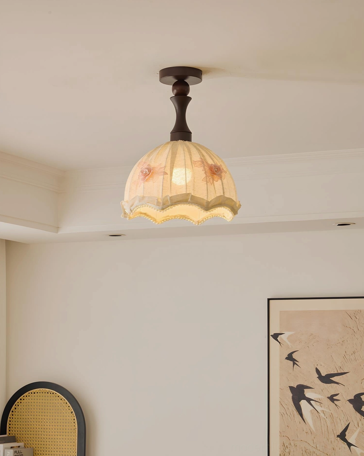 Illuminated Camélia semi-flush ceiling light with scalloped fabric shade in beige hallway - warm ambient lighting