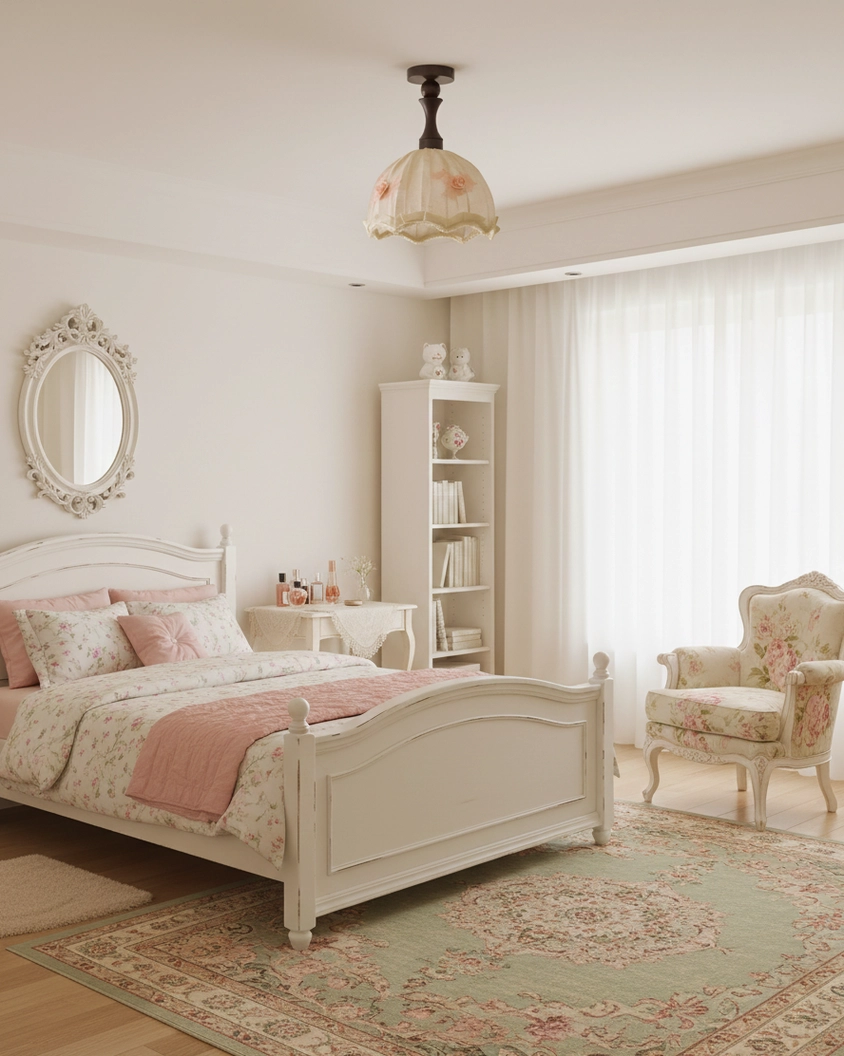 Camélia pleated fabric ceiling fixture installed in romantic vintage master bedroom - cozy bedroom lighting design