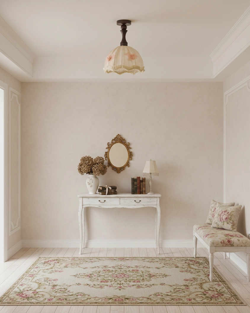 Camélia semi-flush ceiling light with floral details mounted in shabby chic vanity corner - vintage aesthetic lighting