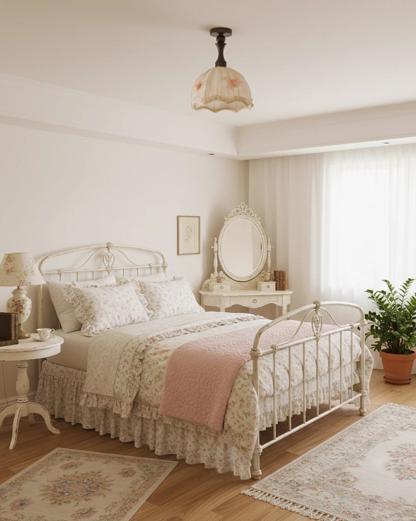 Camélia vintage ceiling lamp fixture - detailed view of pleated linen construction and design craftsmanship