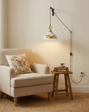 Camellia Grace ceramic pendant light installed in modern living room beside linen armchair, creating warm ambient lighting in cottagecore interior design space