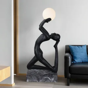 Camilla modern art floor lamp in contemporary living room with minimalist luxury decor and leather sofa