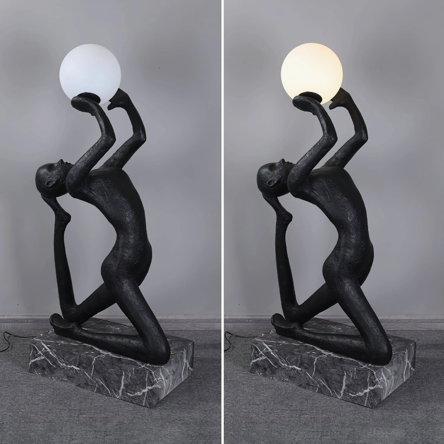 Camilla sculpture floor lamp right side profile showing white frosted glass sphere and dark resin body