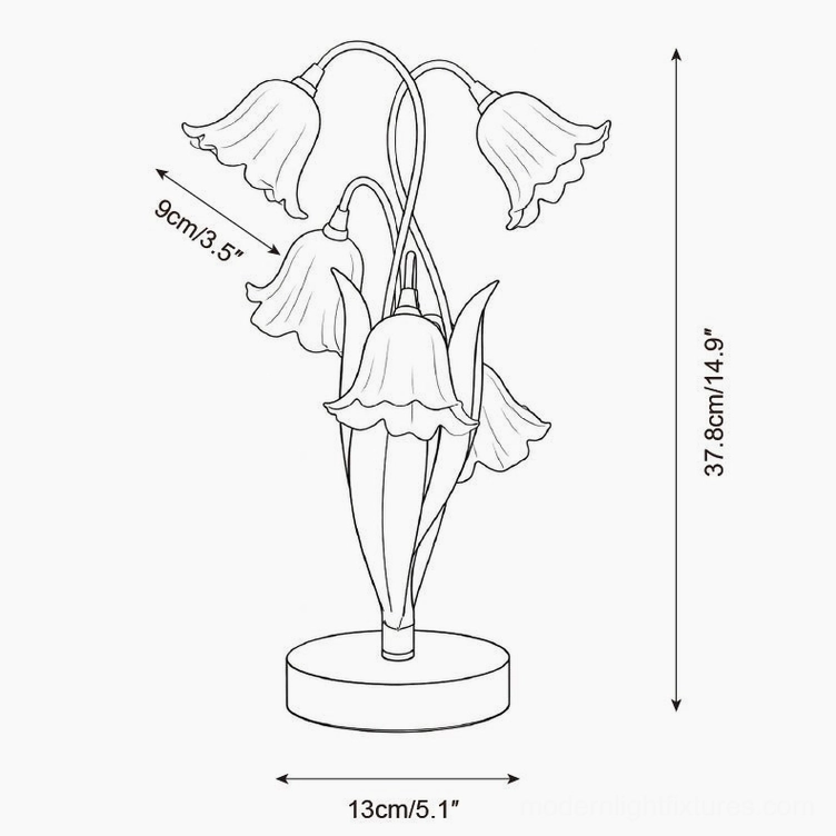 Campelle table lamp technical dimension schematic showing 37.8cm height, 13cm base width, and 9cm bell-flower top spread measurements