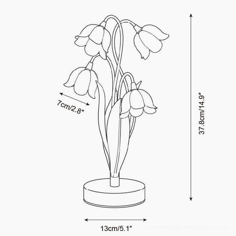 Campelle tulip lamp technical dimension schematic showing 37.8cm height, 13cm base width, and 7cm tulip top spread measurements