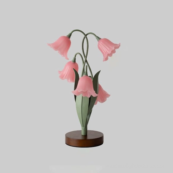 Campelle pink bell-flower lamp model A botanical flower bouquet design with green gooseneck stems and solid walnut base