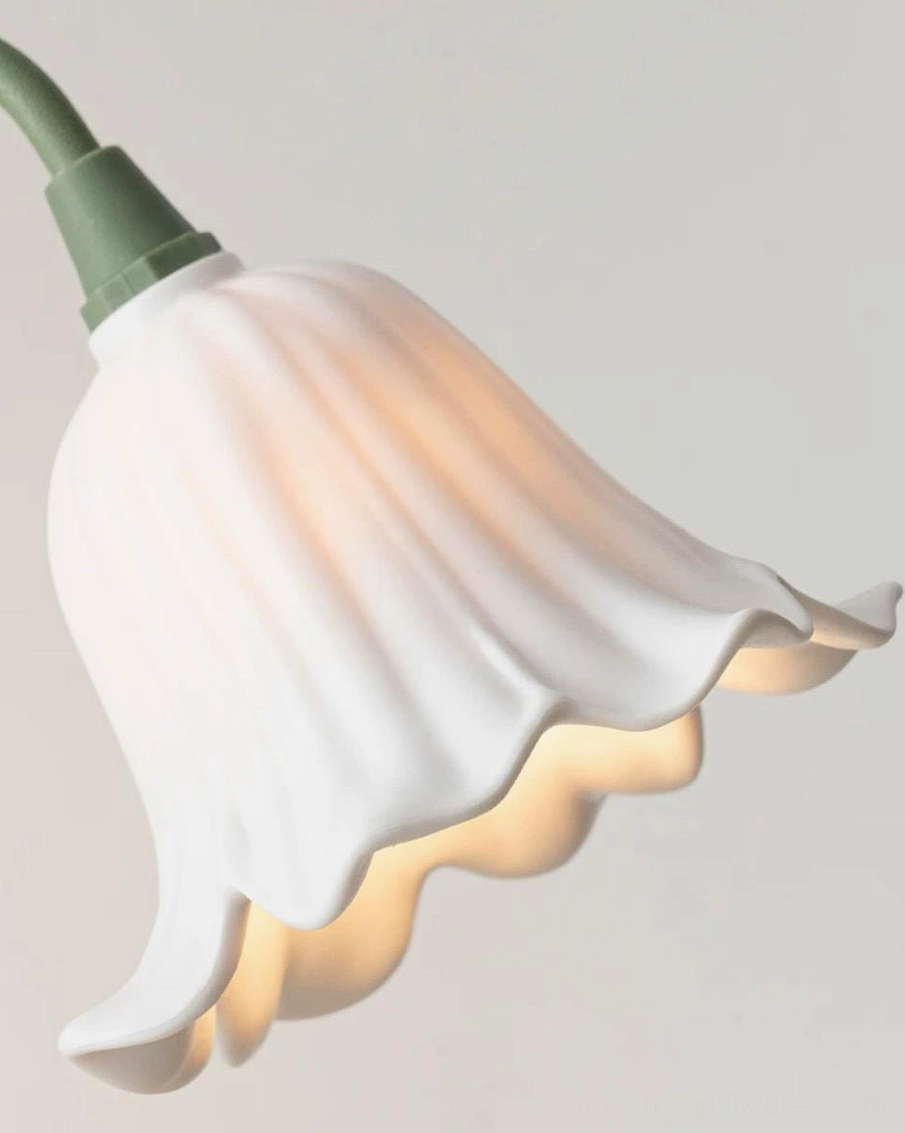 Campelle pink bell-flower table lamp model A with green stems and walnut base on white background, full product showcase