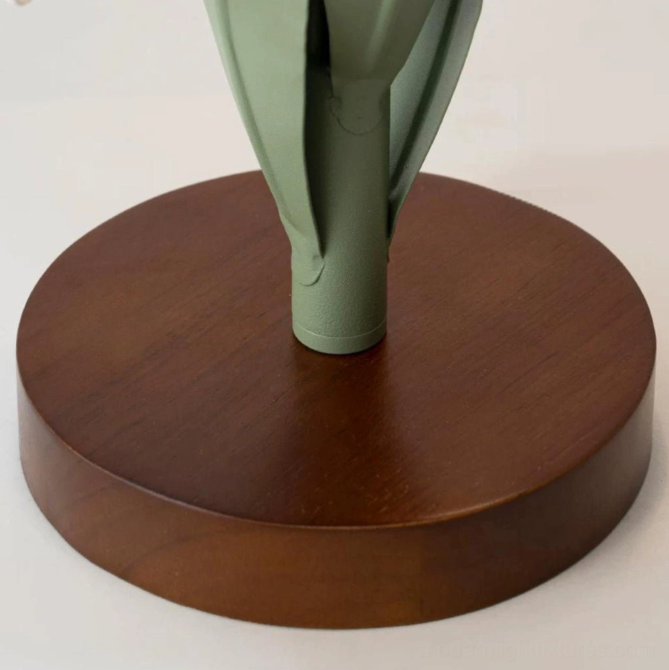 Campelle model B pink tulip lamp showing tighter tulip bloom shape with green iron stems and dark walnut wood base
