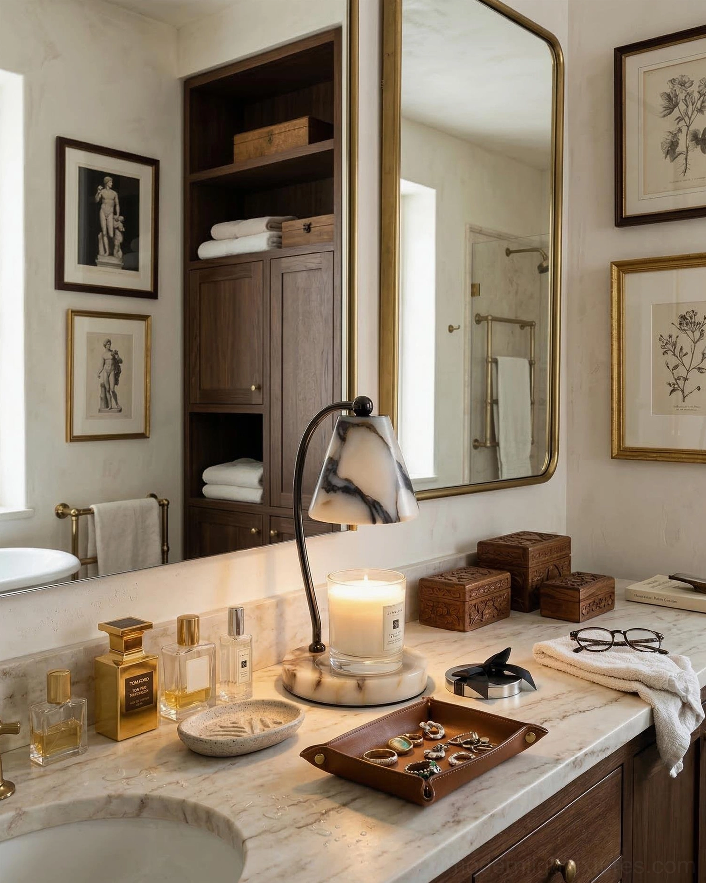 Marble candle warmer lamp on luxury bathroom vanity with gold-framed mirror and marble countertop