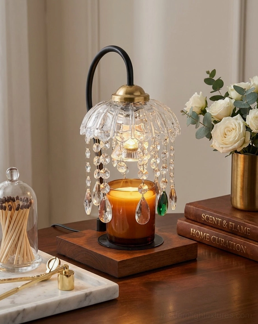 Close-up of crystal candle warmer lamp with hanging glass bead and teardrop pendants, paired with stacked books, fresh roses, and candle accessories
