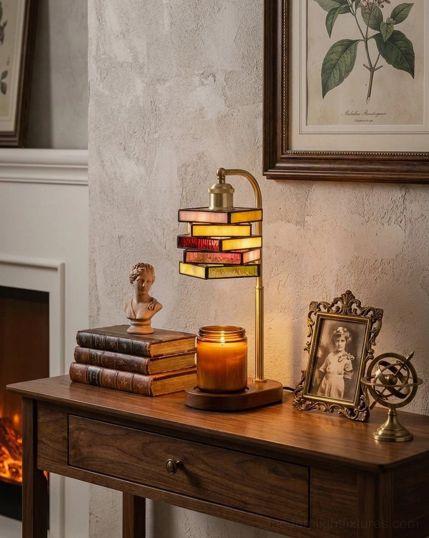 Stained glass candle warmer lamp on fireplace side console table with framed art, stacked books, decorative objects and lit candle, vintage home styling