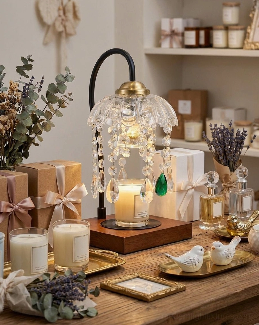 Candle warmer lamp surrounded by scented candle jars, wrapped gifts, and dried florals in gift display setting