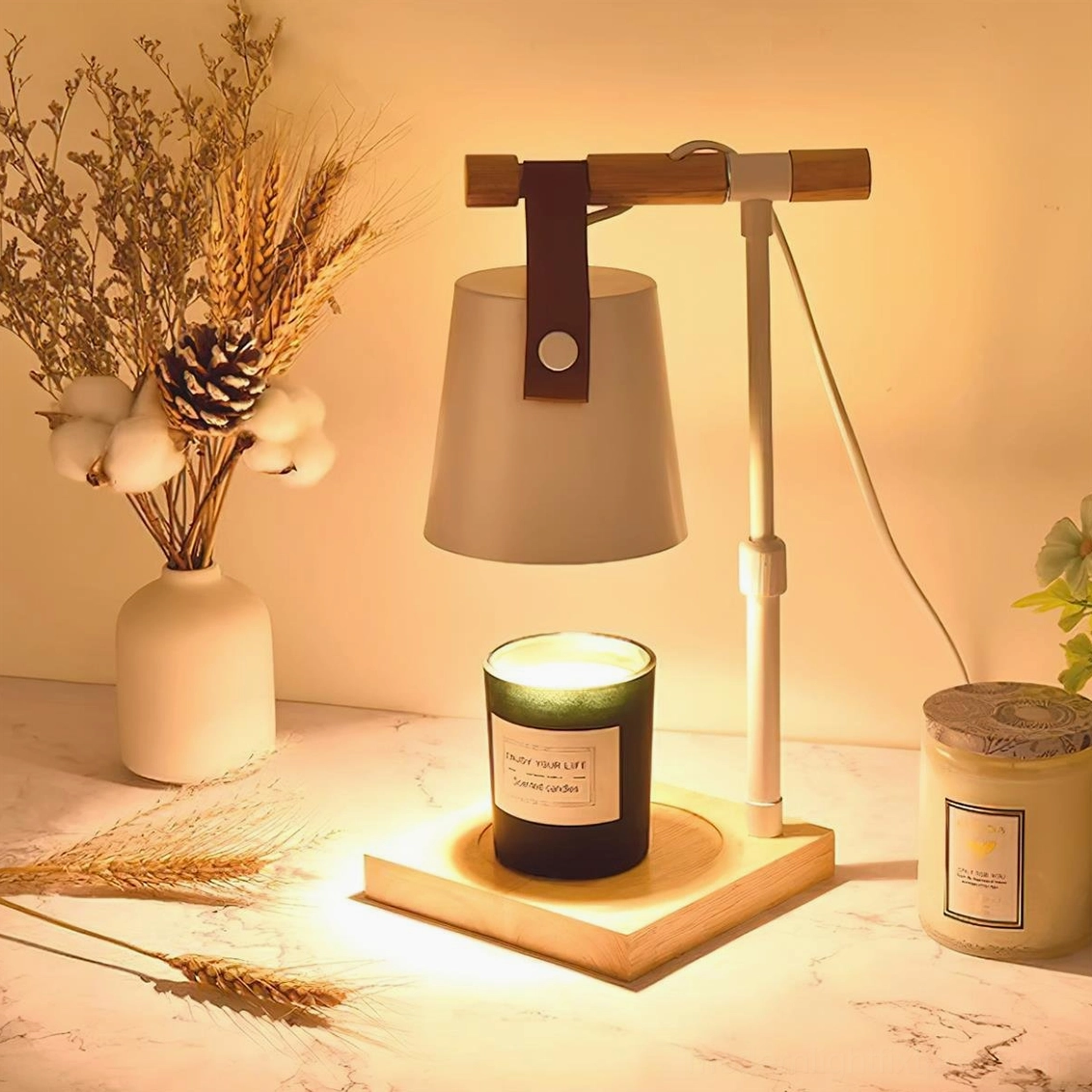 Modern adjustable candle warmer lamp with GU10 socket and push-button switch, electrical specifications detail