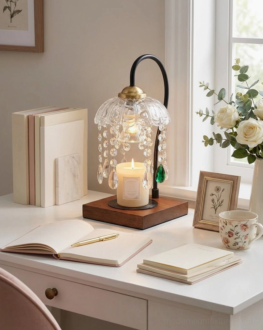 Tabletop candle warmer lamp on home office desk with books, tableware, and natural window lighting