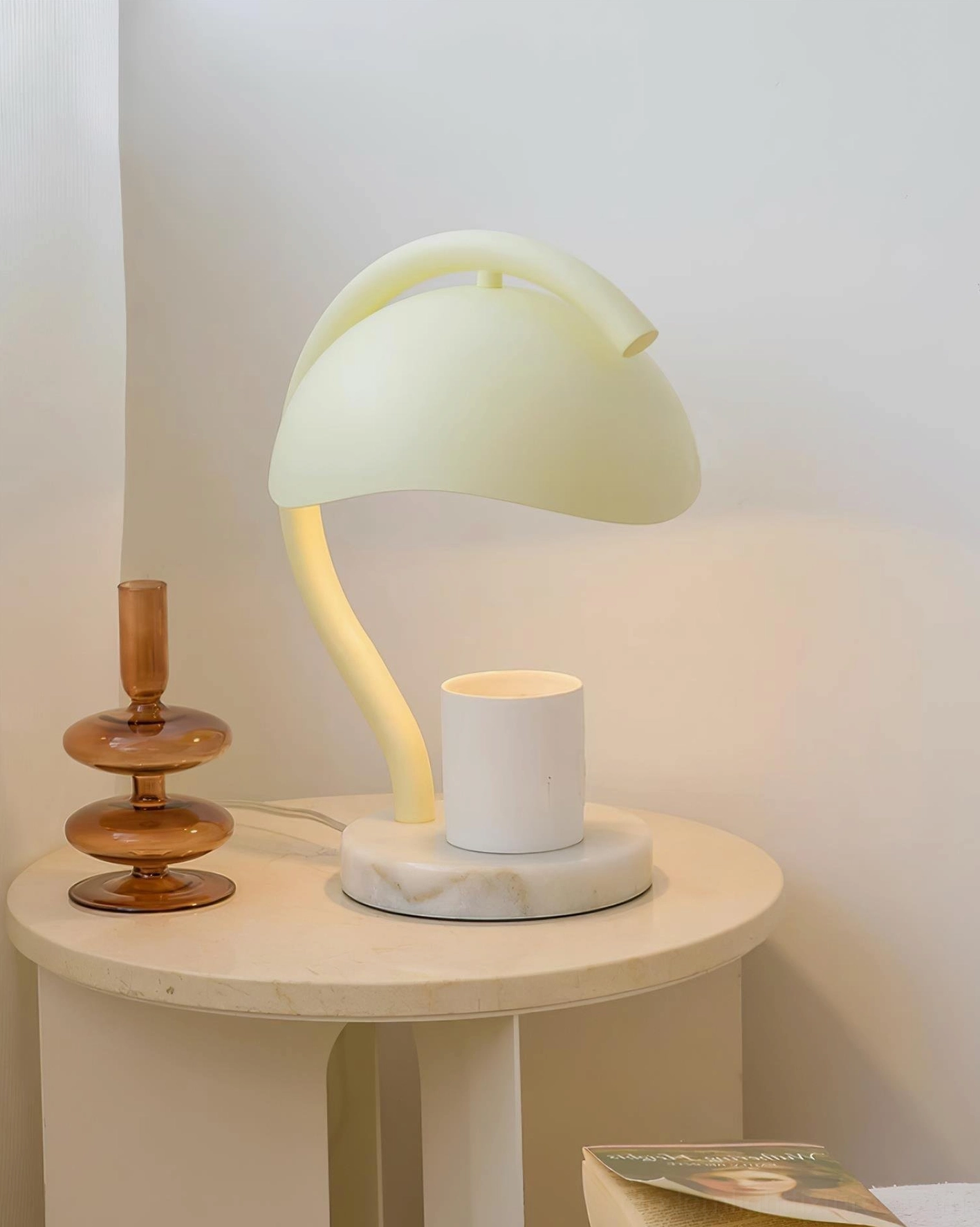 Close-up detail of alabaster candle warmer lamp showing integrated LED warm white 3000K lighting technology