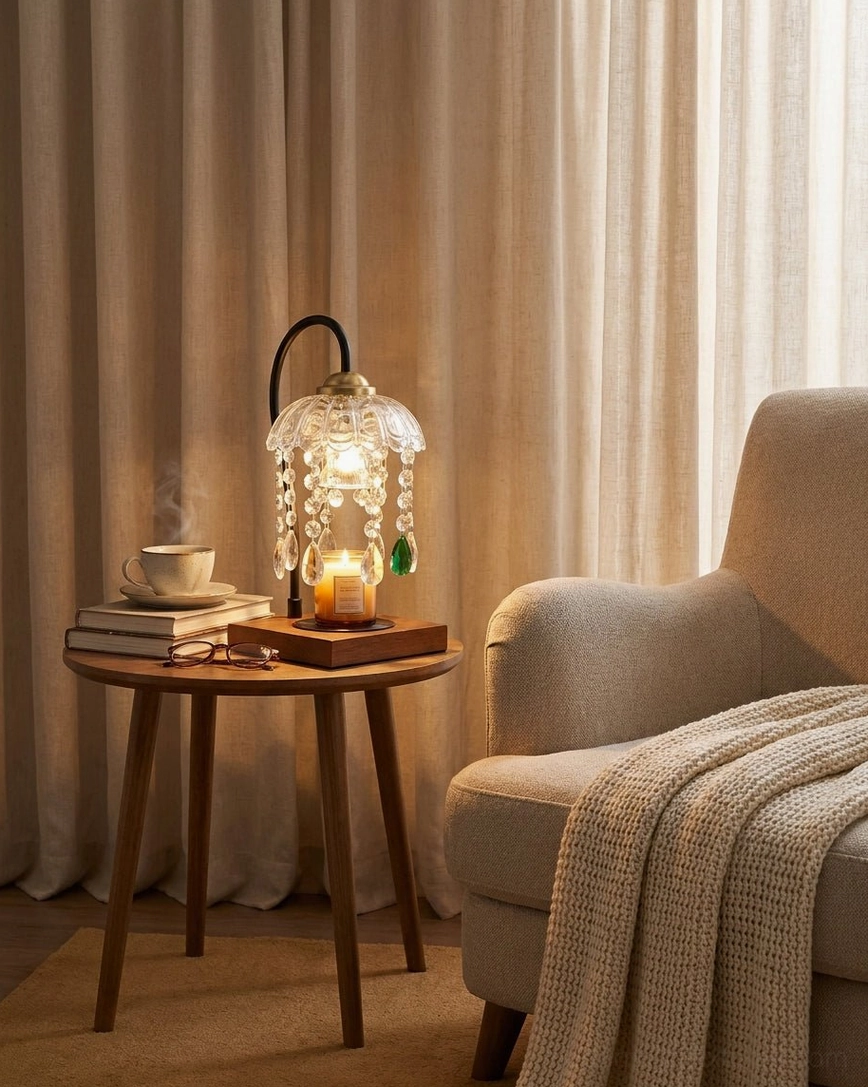 Candle warmer lamp on living room side table with stacked books and coffee cup, neutral home office aesthetic