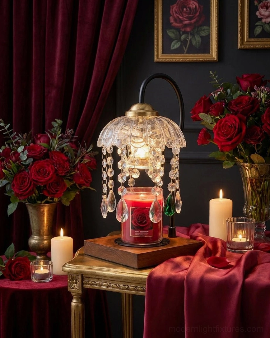 Crystal candle warmer lamp on luxury vintage side table with burgundy decor, red roses, and red scented candle