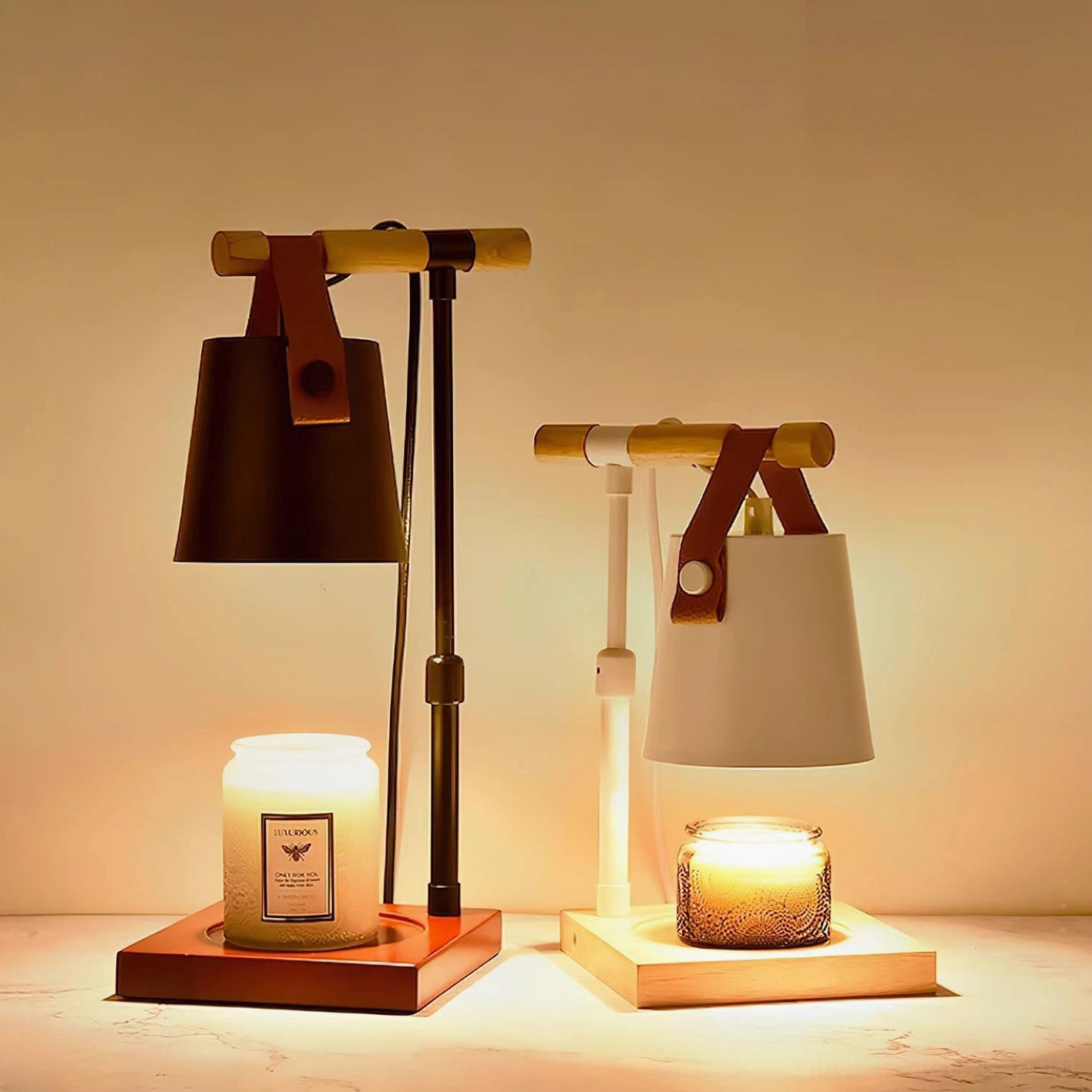 Candle warmer lamp showing weighted metal base and stability construction, structural detail view