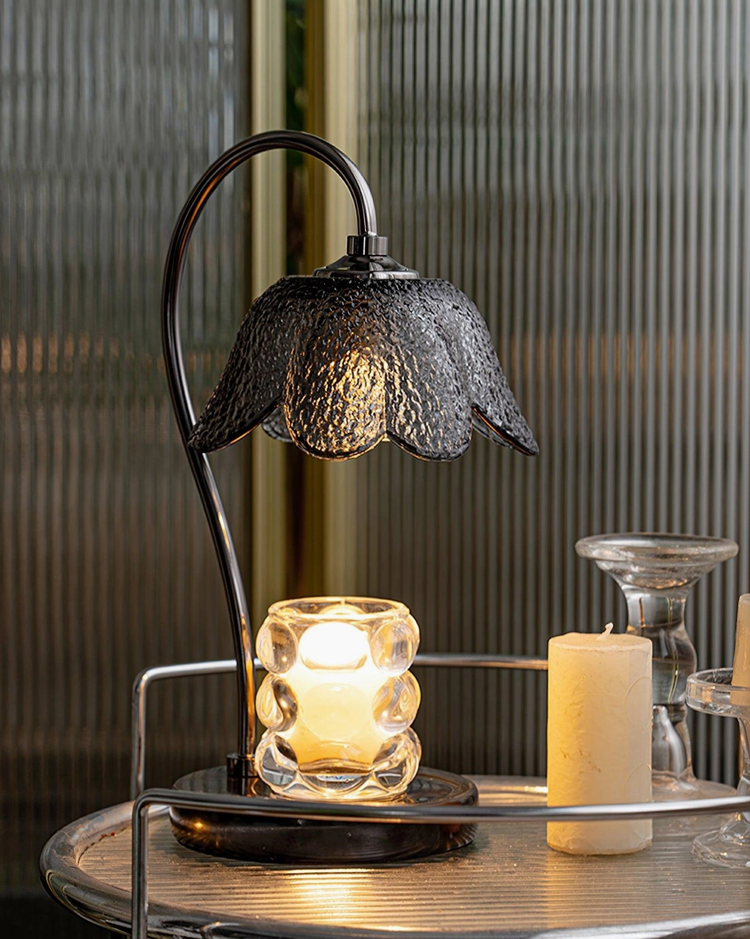 Black marble candle warmer lamp push-button switch and cord setup for tabletop use