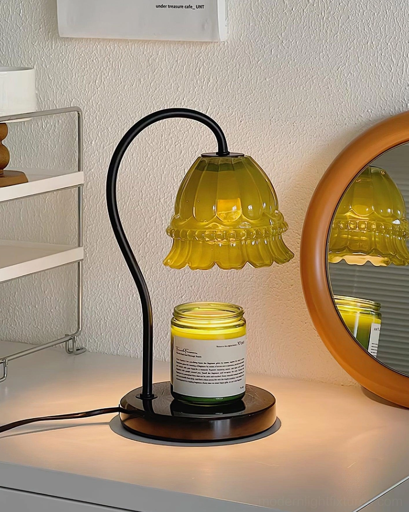 Modern candle warmer lamp with push-button switch and dimmer compatibility feature