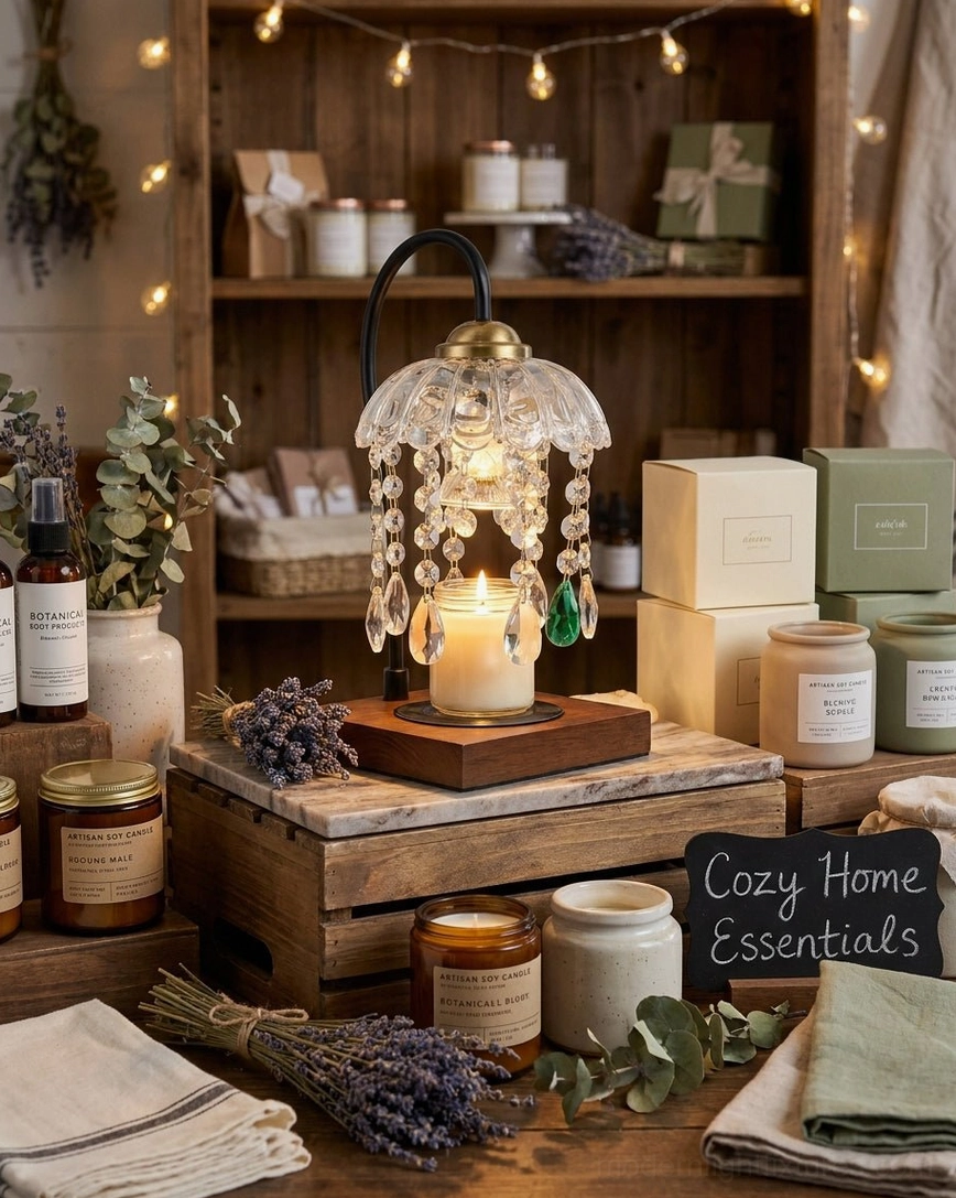 Flame-free candle warmer lamp on retail shelf display with multiple jar candles in rustic cozy styling