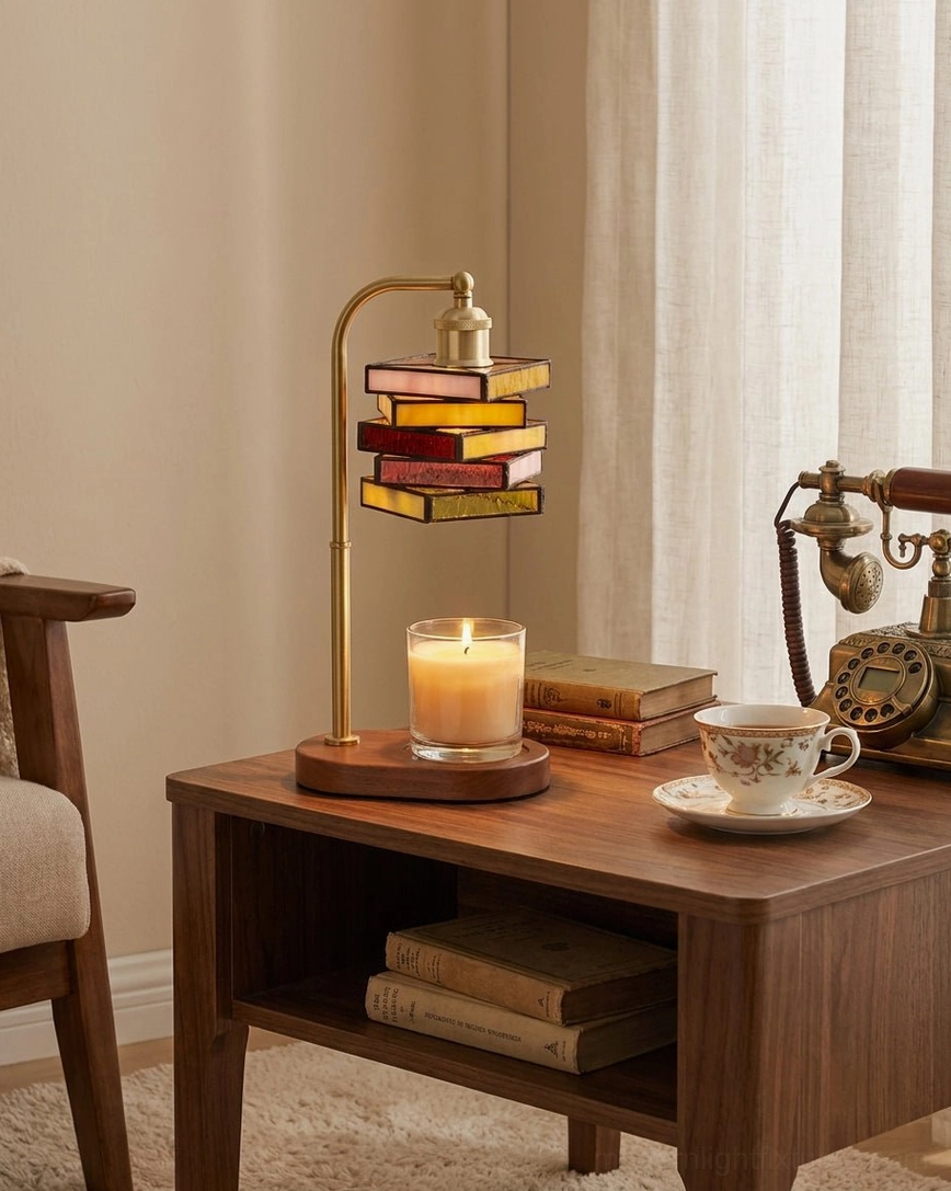 Book-stack candle warmer lamp on retro living room side table with lit candle, vintage telephone and tea set, cozy home decor setting
