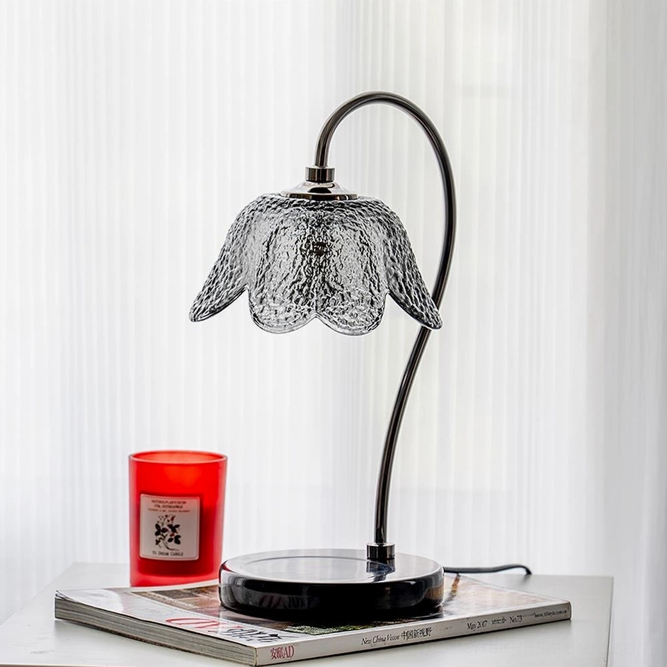 Black marble candle warmer lamp with smoky hammered glass shade and minimalist metal base