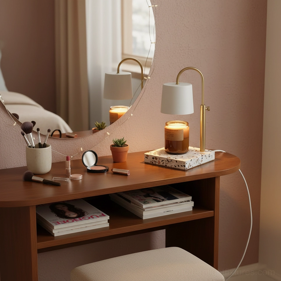 Candle warmer lamp contemporary style fabric shade terrazzo base adjustable arm detail shot