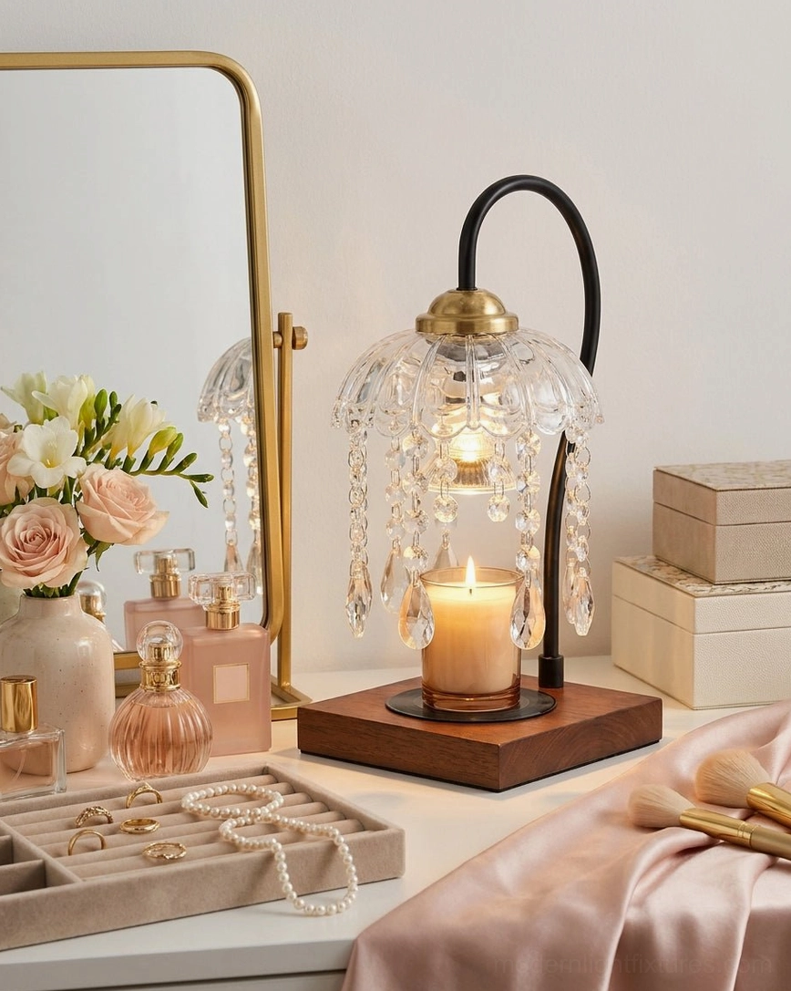 Crystal beaded candle warmer lamp on feminine vanity with perfume bottles, jewelry, and fresh flowers