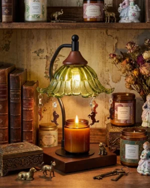 Green ruffled glass candle warmer lamp displayed on vintage study desk with antique books and scented candles, close-up eye-level view
