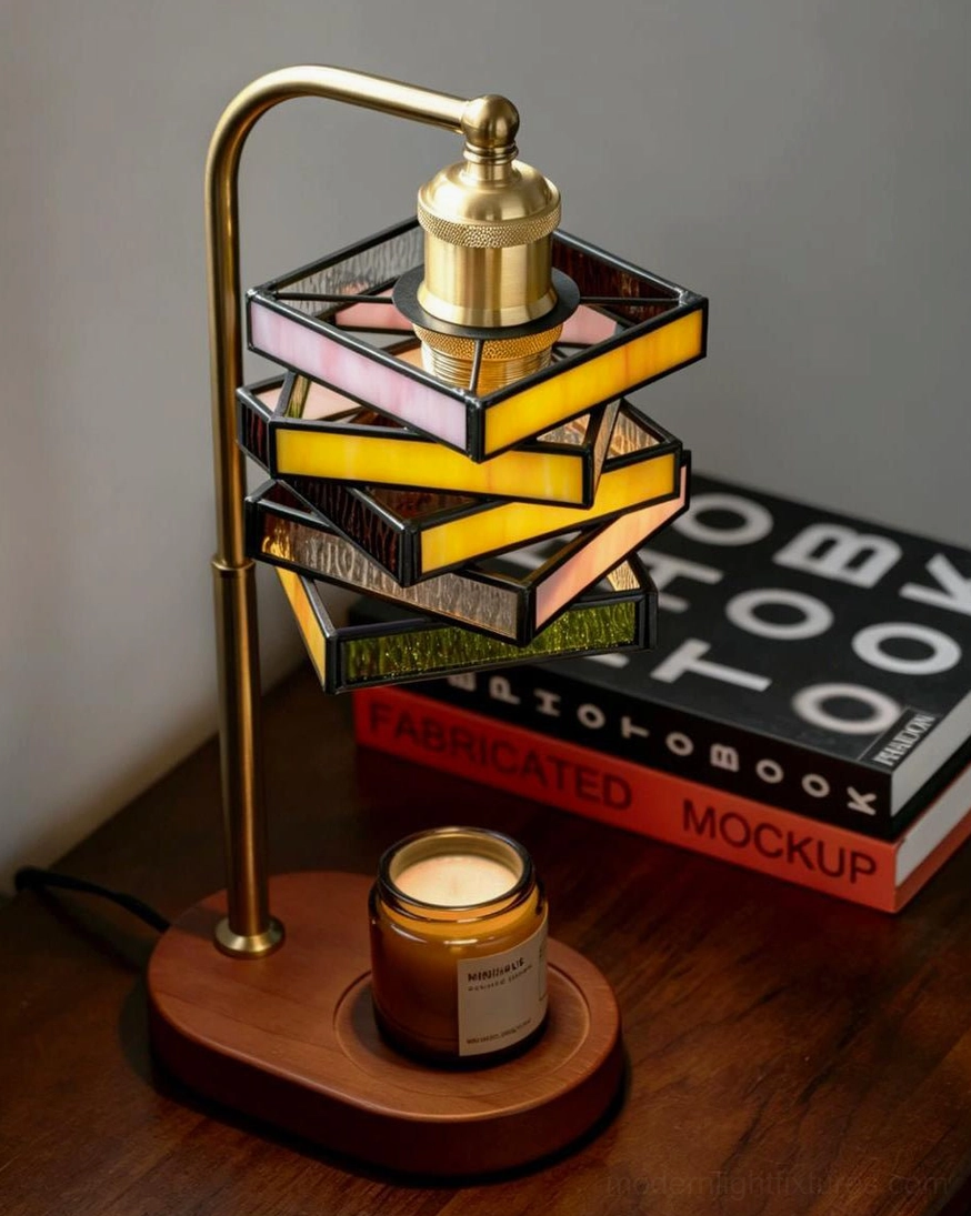 Flame-free stained glass candle warmer lamp with multiple jar candles on walnut base, demonstrating wax melting and scent release