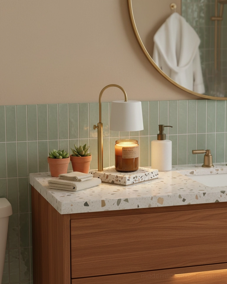 Contemporary candle warmer lamp white fabric shade brass gold frame terrazzo on bathroom vanity countertop