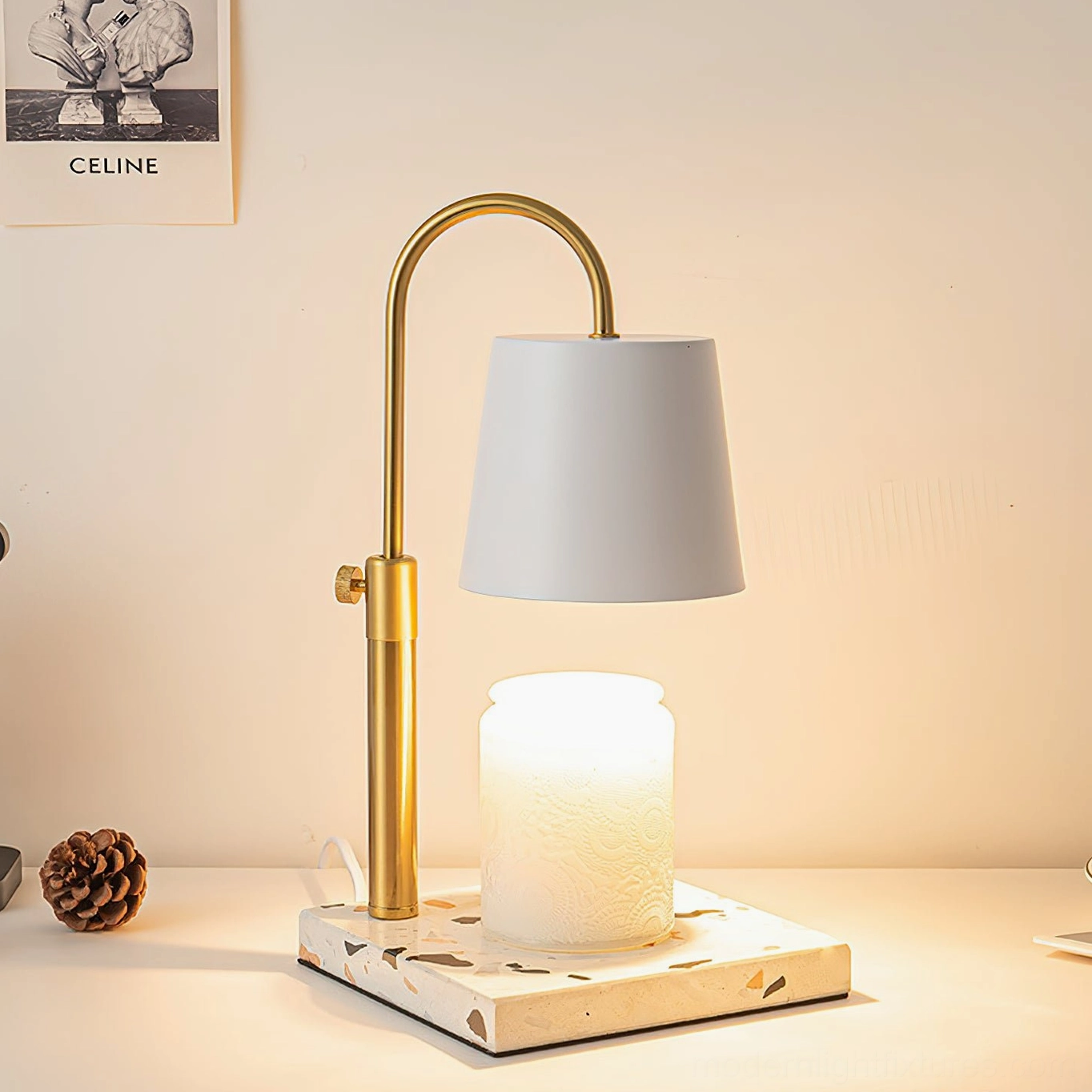 Contemporary candle warmer lamp white fabric shade brass gold frame minimalist design home decor