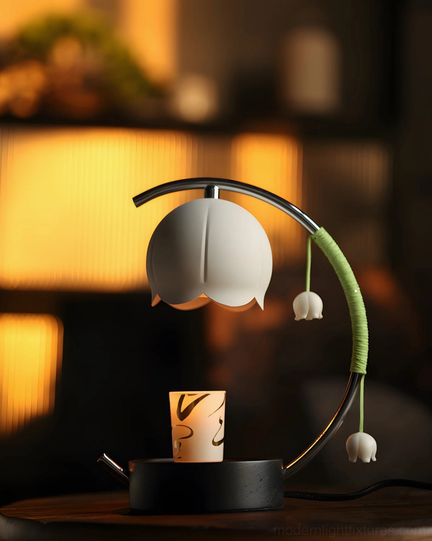 Lily of the Valley Candle Warmer Lamp melting pillar candle on wooden tabletop with warm indoor ambient lighting