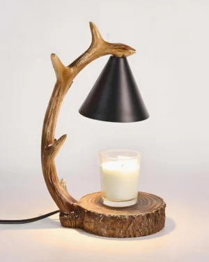Antler-style table candle warmer lamp showing side profile with natural wood grain texture base and power cord