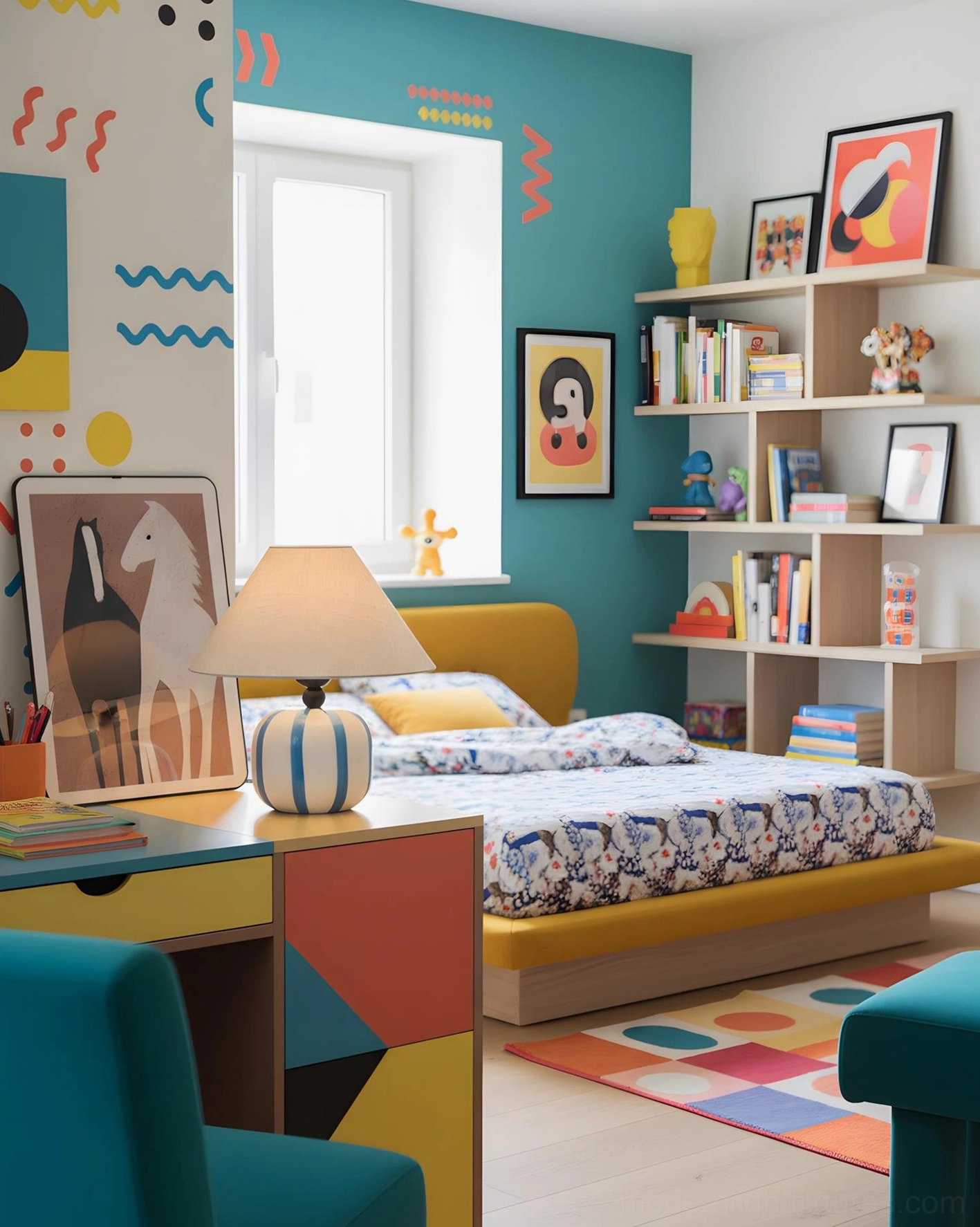 Retro striped ceramic lamp on desk in playful bedroom office with geometric furniture