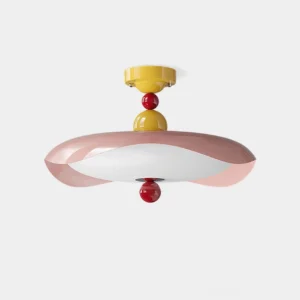 Candy Pop Modern Ceiling Light with pink outer frame, white inner shade and yellow-red spherical accents - front studio view