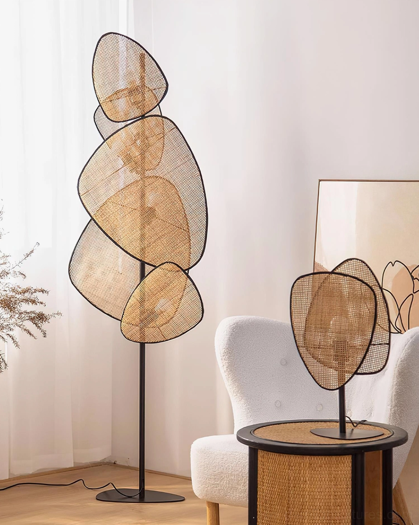 Cannage rattan floor lamp base and foot switch control mechanism