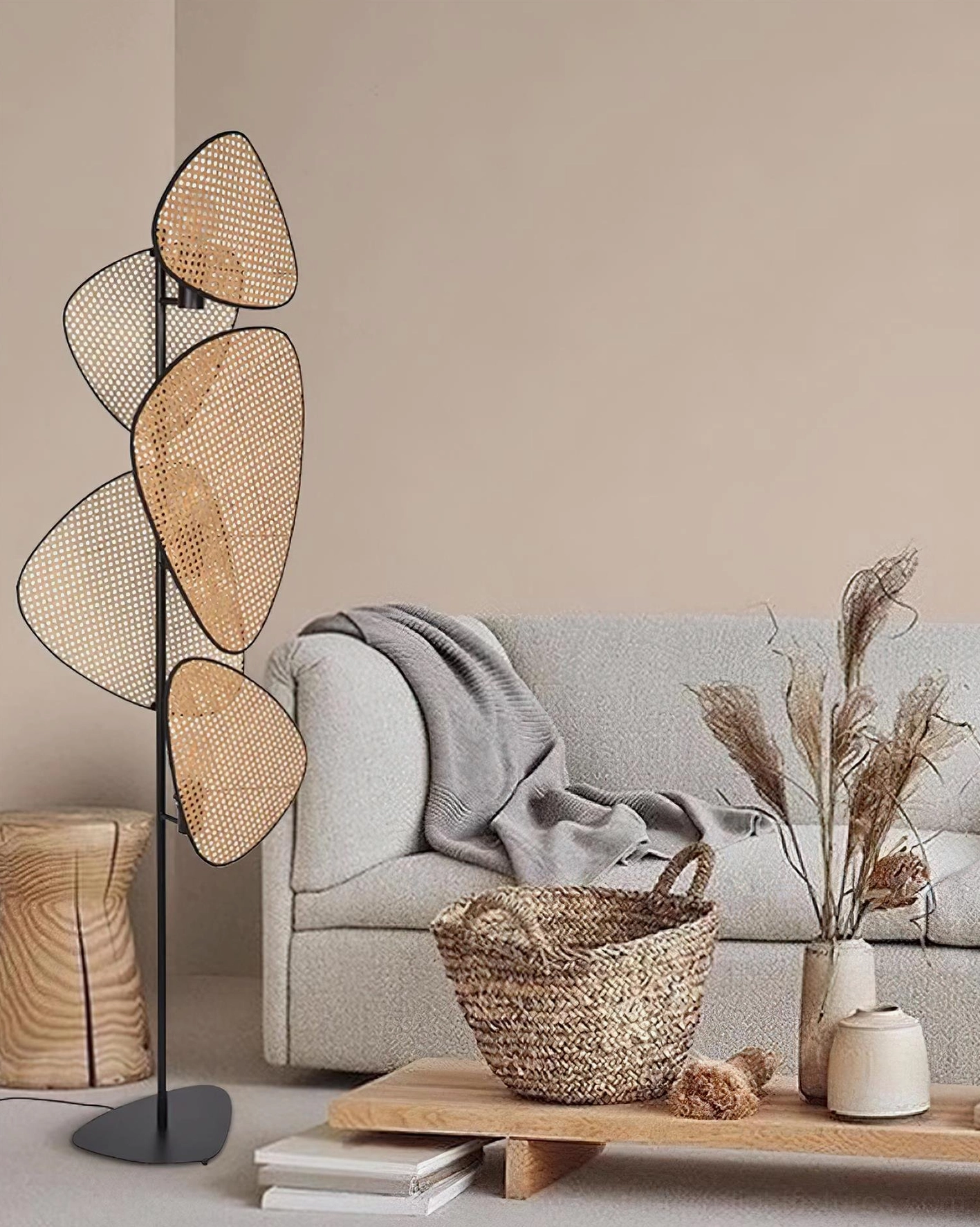 Cannage floor lamp front view in warm bohemian living room with woven home accessories